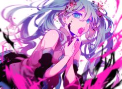  aqua_hair aqua_nails black_skirt blood blood_from_mouth blue_eyes blurry collared_shirt commentary_request cracked_skin depth_of_field detached_sleeves female ghost_rule_(vocaloid) grey_shirt hair_between_eyes hatsune_miku long_hair nail_polish necktie open_mouth pink_blood pleated_skirt shirt skirt sleeveless sleeveless_shirt solo sorurabu tongue tongue_out twintails very_long_hair vocaloid white_background wing_collar 