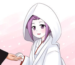  blush commentary_request female holding_hands hood japanese_clothes jun&#039;you_(kancolle) kantai_collection kimono kuromitu_(kageneko) out_of_frame purple_eyes purple_hair smile solo_focus uchikake wataboushi wedding 