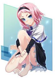  barefoot black_dress black_hairband blue_eyes bow bowtie capelet commentary_request dress female full_body gokukoku_no_brynhildr hairband is_ii kazumi_schlierenzauer long_sleeves looking_at_viewer photoshop_(medium) pink_hair purple_bow purple_bowtie shiny_skin short_dress short_hair sitting smile solo white_capelet 