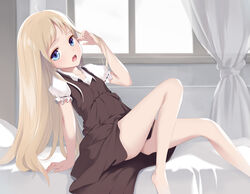  absurdres adjusting_hair alternate_hairstyle arm_support barefoot bed black_dress blonde_hair blush chinese_commentary commentary_request derivative_work dress female highres indoors ke-ta_(style) kirisame_marisa legs long_hair long_legs muyue no_headwear open_mouth partial_commentary pillow pinafore_dress puffy_short_sleeves puffy_sleeves shirt short_sleeves sitting sleeveless sleeveless_dress solo straight_hair touhou very_long_hair white_shirt window 