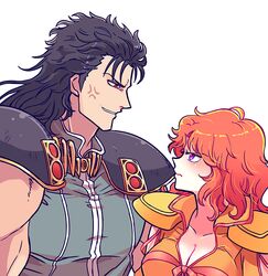  1boy anger_vein bad_id bad_pixiv_id black_hair breasts cleavage female height_difference hokuto_no_ken large_breasts mamiya_(hokuto_no_ken) mayuzumi muscular orange_hair purple_eyes red_eyes rei_(hokuto_no_ken) shoulder_pads smile upper_body wavy_mouth 