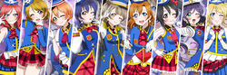  6+girls ayase_eli bow bowtie chanmi gloves happy_party_train hat hoshizora_rin koizumi_hanayo kousaka_honoka love_live! love_live!_school_idol_project love_live!_sunshine!! minami_kotori multiple_girls necktie nishikino_maki one_eye_closed salute sonoda_umi toujou_nozomi train_attendant yazawa_nico 