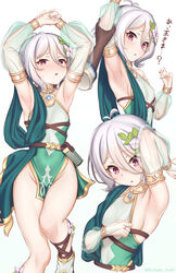  :o antenna_hair arm_grab arm_up armlet armpits arms_up bare_shoulders belt blush bracelet breasts breath bridal_gauntlets brown_gloves commentary cropped_torso disembodied_hand dress elf female flower flower_ornament futami_(mg42fw190d) gloves green_dress grey_hair groin hair_between_eyes hair_flower hair_ornament hand_up heavy_breathing highres holster jewelry kokkoro_(princess_connect!) looking_at_viewer md5_mismatch multiple_views no_bra no_panties parted_lips pelvic_curtain pink_eyes pointy_ears presenting_armpit princess_connect! ring see-through short_hair sideboob simple_background sleeve_pull sleeveless sleeveless_dress small_breasts sweat thighs translated twitter_username white_background white_flower 