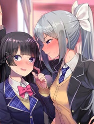  2girls ababarion black_hair black_jacket blazer blue_necktie blush bow bowtie braid breast_press brown_cardigan cardigan collared_shirt commentary_request french_braid full-face_blush grey_hair hair_between_eyes hair_ornament height_difference high_ponytail highres higuchi_kaede higuchi_kaede_(1st_costume) indoors jacket kabedon lips long_hair looking_at_another looking_to_the_side mole mole_under_eye multiple_girls necktie nijisanji open_clothes open_jacket open_mouth pink_bow pink_bowtie plaid plaid_bow plaid_neckwear ponytail shirt tsukino_mito tsukino_mito_(1st_costume) upper_body virtual_youtuber wavy_mouth white_bow yuri 