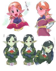  2girls belt black_eyes black_hair chronoa commentary_request crossed_arms demon_girl dragon_ball dragon_ball_heroes dragon_ball_xenoverse dress earrings gloves green_dress jewelry long_hair moguro_(qianchul) multiple_girls pink_dress pink_hair pointy_ears potara_earrings protected_link red_eyes robelu short_hair 