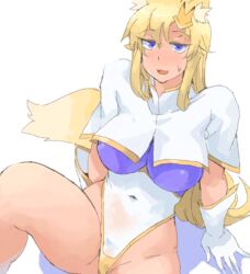  :3 animal_ears blonde_hair blue_eyes breasts commentary_request cosplay covered_navel female fox_ears fox_tail gundam gundam_seed gundam_seed_destiny highleg highleg_leotard highres leotard long_hair medium_breasts meer_campbell meer_campbell_(cosplay) minakami_(flyingman555) purple_leotard simple_background solo tail thighs white_background white_leotard 