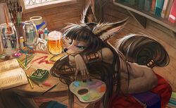  alcohol anokorok anthro art_studio beer beverage black_hair book canid canine cigarette color_swatch female fennec_fox fox fur green_eyes grey_body grey_fur hair half-closed_eyes mammal narrowed_eyes nude paint smoking solo true_fox 