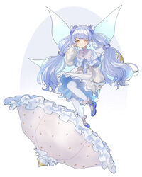  blue_footwear commentary_request dress fairy_wings female fuguve full_body highres long_hair long_sleeves looking_at_viewer mary_janes orange_eyes original pantyhose parasol puffy_long_sleeves puffy_sleeves purple_hair shoes simple_background smile solo umbrella very_long_hair white_background white_dress white_pantyhose wings 