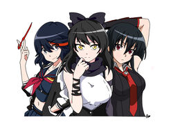  3girls absurdres akame_(akame_ga_kill!) akame_ga_kill! animal_ears arm_ribbon bare_shoulders black_hair black_scarf blake_belladonna bow cat_ears coattails commentary_request crossover detached_sleeves flower gloves hairbow highres kill_la_kill kusarigama long_hair looking_at_viewer matoi_ryuuko midriff multicolored_hair multiple_girls navel necktie red_eyes red_hair reyfearspsychosis ribbon rwby scarf scissor_blade_(kill_la_kill) senketsu shirt short_hair sickle single_glove sleeveless sleeveless_shirt streaked_hair suspenders trait_connection two-tone_hair vambraces very_long_hair vest weapon yellow_eyes 