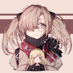  black_scarf blank_eyes blonde_hair blush blush_stickers brown_background brown_hair character_doll closed_mouth commentary cross cross_necklace doll fur-trimmed_jacket fur_trim g3_(girls&#039;_frontline) girls&#039;_frontline glasses gloves hair_ornament hair_over_one_eye hk21_(girls&#039;_frontline) holding jacket jewelry long_hair long_sleeves necklace pollity purple_eyes scarf simple_background sleeves_past_wrists twintails 