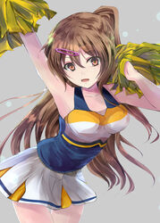  arm_up bare_arms bare_shoulders breasts brown_eyes brown_hair cheerleader chuunibyou_demo_koi_ga_shitai! collarbone commentary_request discharge_view female grey_background hair_between_eyes hair_ornament hairclip highres large_breasts long_hair looking_at_viewer nibutani_shinka one_side_up open_mouth pom_pom_(cheerleading) shirt simple_background skirt sleeveless sleeveless_shirt solo standing white_skirt 