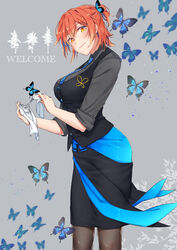  absurdres alternate_costume blue_butterfly breasts bug butterfly butterfly_hair_ornament chumugi cleaning cocktail_glass commentary_request cosplay cup drinking_glass fate/grand_order fate_(series) female fujimaru_ritsuka_(female) hair_ornament highres james_moriarty_(archer)_(fate) james_moriarty_(archer)_(fate)_(cosplay) james_moriarty_(gray_collar)_(fate) james_moriarty_(gray_collar)_(fate)_(cosplay) large_breasts looking_at_viewer necktie orange_eyes orange_hair pantyhose skirt solo vest 