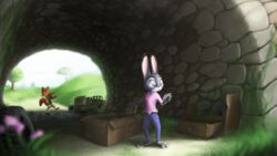  16:9 absurd_res anthro book canid canine disney duo female fox fur hi_res judy_hopps kochich lagomorph leporid male mammal nick_wilde outside rabbit red_fox standing true_fox widescreen zootopia 