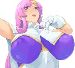  bad_perspective blue_eyes breasts commentary_request covered_nipples female gloves gundam gundam_seed gundam_seed_destiny highres huge_breasts long_hair meer_campbell minakami_(flyingman555) pink_hair simple_background smile solo white_background 