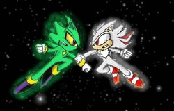  anthro duo eulipotyphlan fur fusion green_body green_fur hedgehog hyper_sonic mammal nazo purple_eyes red_eyes sega shadow_the_hedgehog sonic_the_hedgehog sonic_the_hedgehog_(series) unknown_artist white_body white_fur yellow_sclera 