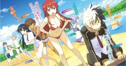  4boys 5girls bikini black_hair blade_(eiyuu_kyoushitsu) blonde_hair blue_sky breasts brown_eyes brown_hair casual_one-piece_swimsuit character_name character_request choker claire_(eiyuu_kyoushitsu) cleavage cleavage_cutout closed_eyes clothes_lift clothing_cutout cloud collarbone crossed_arms dark_skin day dutch_angle earnest_flaming eiyuu_kyoushitsu floating_hair grin hair_tubes hands_on_own_hips hime_cut jessica_(eiyuu_kyoushitsu) kneeling kufurin_(eiyuu_kyoushitsu) large_breasts leaning_forward lifting_another&#039;s_clothes long_hair medium_breasts morisawa_haruyuki multicolored_hair multiple_boys multiple_girls navel non-web_source novel_illustration official_art one-piece_swimsuit one_eye_closed open_mouth outdoors purple_bikini purple_hair red_bikini red_eyes red_hair river shirt shirt_lift short_hair short_shorts shorts sidelocks sky small_breasts smile sophitia_femto split-color_hair sports_bikini swimming swimsuit translation_request twintails two-tone_hair very_long_hair white_hair white_one-piece_swimsuit white_shirt white_shorts 