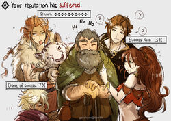  3boys animal bare_shoulders beard blonde_hair bracelet braid braided_ponytail brown_hair cyrus_(octopath_traveler) dancer facial_hair fur_trim gameplay_mechanics gloves green_eyes gzei h&#039;aanit_(octopath_traveler) hair_over_one_eye jewelry linde_(octopath_traveler) long_hair multiple_boys multiple_girls necklace octopath_traveler old_man open_mouth ponytail primrose_azelhart scarf short_hair simple_background single_braid smile snow_leopard therion_(octopath_traveler) white_hair 