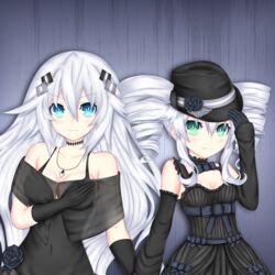  2girls absurdres azur_lane bare_shoulders black_dress black_hat black_heart_(goddesses&#039;_smile) black_heart_(neptunia) black_sister blue_eyes breasts commentary covered_navel detached_sleeves dress drill_hair fedora gloves green_eyes hat highres lolita_fashion long_hair looking_at_viewer medium_breasts mixed-language_commentary multiple_girls neptune_(series) power_symbol power_symbol-shaped_pupils rhapsofree see-through siblings sisters small_breasts smile symbol-shaped_pupils twin_drills upper_body white_hair 