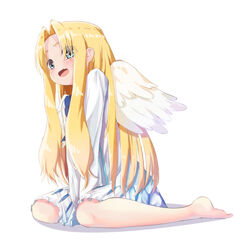  :d barefoot bird_wings blonde_hair blue_eyes blush commentary_request dress female filo_(tate_no_yuusha_no_nariagari) full_body long_hair nasubi_(nasubi555) open_mouth parted_bangs seiza sitting smile solo tate_no_yuusha_no_nariagari wings 