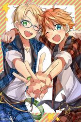  2boys ;) akehoshi_subaru arm_around_shoulder blonde_hair blue-framed_eyewear blue_eyes blush dated ensemble_stars! glasses green_eyes jewelry male_focus multiple_boys naru_(andante) necklace one_eye_closed orange_hair pants plaid plaid_pants signature smile star v wristband yuuki_makoto_(ensemble_stars!) 