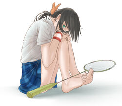  badminton_racket barefoot brown_hair commentary_request female from_side full_body green_eyes hanebado! hanesaki_ayano highres knees_to_chest legs looking_at_viewer looking_to_the_side myu5uke on_ground pleated_skirt racket school_uniform simple_background sitting skirt solo sweatband thighs white_background 