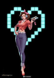  belt black_background breasts brown_eyes brown_hair buttons choker cleavage commentary copyright_name crop_top cruiser_d.va d.va_(overwatch) denim earrings female flats front-tie_top full_body gun hand_on_own_hip handgun head_scarf headphones heart highres holding holding_gun holding_weapon hoop_earrings jewelry looking_at_viewer maggie_xie medium_breasts medium_hair midriff navel nose official_alternate_costume overwatch overwatch_1 pants pixel_heart plaid plaid_shirt ponytail puffy_short_sleeves puffy_sleeves red_footwear red_shirt ribbon_choker shirt shoes short_sleeves simple_background smile solo weapon white_belt white_choker 