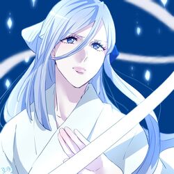  bad_id bad_pixiv_id bleach blue_eyes blue_hair bow eyelashes female hairbow head_tilt japanese_clothes kimono long_hair long_ribbon looking_at_viewer ribbon ronisuke sode_no_shirayuki solo sword weapon white_kimono 