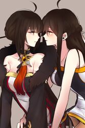  2girls absurdres ahoge ara_haan bad_id bad_pixiv_id bare_shoulders black_gloves black_hair blush brooch brown_background choker commentary dual_persona elbow_gloves elsword face-to-face gloves hair_ornament hair_stick highres imminent_kiss jewelry long_hair looking_at_another maybecrosswise multiple_girls open_mouth sakra_devanam_(elsword) selfcest upper_body yama_raja_(elsword) yellow_eyes yuri 