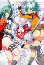  3girls animal_hat antenna_hair ass bandages bed black_gloves boots bouquet bracelet breasts cape cleavage denim denim_shorts dress elbow_gloves flower from_above gloves green_eyes green_hair hair_ribbon hanawa_momiji hat holding holding_hands holding_weapon ignis jewelry jingai_makyou kaze_no_ushiro_wo_ayumumono_(kazeko) kneepits large_breasts legs long_hair looking_at_viewer looking_back lying multiple_girls nishii_(damnedrive) non-web_source on_back on_side on_stomach panties pointy_ears purple_eyes red_hair ribbon rose see-through shorts smile sword sword_writing thigh_strap thong underwear very_long_hair weapon wedding_dress white_flower white_hair white_rose yellow_eyes 