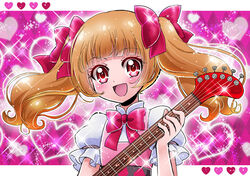  :d aisaki_emiru blunt_bangs blush bow brown_hair cokata commentary_request dress electric_guitar female guitar hairbow heart heart_background hugtto!_precure instrument long_hair open_mouth photoshop_(medium) pink_background pink_bow precure red_eyes short_sleeves smile solo sparkle twintails upper_body 