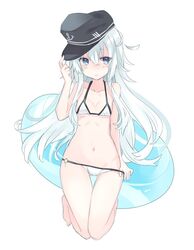  bare_legs barefoot bikini bikini_pull blue_eyes breasts cleavage clothes_pull commentary_request female full_body hair_between_eyes hat hibiki_(kancolle) innertube kantai_collection long_hair looking_away navel orqz sidelocks simple_background small_breasts solo string_bikini swim_ring swimsuit white_background white_bikini white_hair 