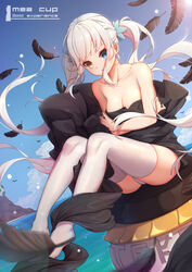  absurdres bare_arms bare_shoulders black_dress blue_eyes blue_sky breasts chinese_commentary cleavage clothes_lift collarbone commentary_request day dress dress_lift feathers female floating_hair full_body heterochromia highres horizon kagura_mea long_hair looking_at_viewer medium_breasts no_shoes ocean outdoors panties pantyshot parted_lips paryi_project photoshop_(medium) pillar sidelocks sitting sky solo strapless strapless_dress sun sunlight thighhighs twintails underwear upskirt very_long_hair virtual_youtuber white_hair white_thighhighs wind wind_lift yan_mian yellow_eyes 