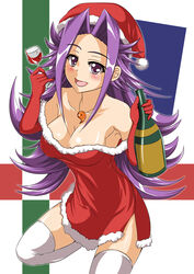  :d absurdres alcohol blush bottle breasts cleavage commentary_request cup dress drinking_glass female fur_trim hat highres jewelry jun&#039;you_(kancolle) kantai_collection large_breasts long_hair magatama necklace off-shoulder_dress off_shoulder open_mouth photoshop_(medium) purple_eyes purple_hair red_dress sangyou_haikibutsu_a santa_hat smile solo spiked_hair thighhighs white_thighhighs wine wine_bottle wine_glass 