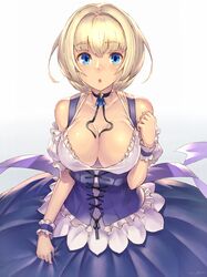  :o bare_shoulders between_breasts blonde_hair blue_eyes blush breasts choker cleavage collarbone commentary_request corset dirndl female german_clothes gradient_background hair_intakes highres large_breasts looking_at_viewer open_mouth phalanx_(sekaiju) phalanx_2_(sekaiju) sekaiju_no_meikyuu sekaiju_no_meikyuu_3 short_hair simple_background skirt solo takamine_nadare white_background wrist_cuffs 