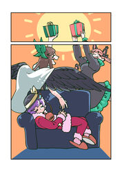  3girls absurdres bird_wings black_dress black_hat black_wings bow box brown_hair commentary_request dress frilled_dress frills full_body fur_trim gift gift_box green_bow hairbow hat hat_bow hat_ribbon heart highres holding holding_gift juliet_sleeves kaenbyou_rin komeiji_satori long_hair long_sleeves menotama multiple_girls no_mouth oerba_yun_fang open_mouth orange_background pants puffy_sleeves red_hair red_pants reiuji_utsuho ribbon sleeping slippers smile touhou wings yellow_bow yellow_ribbon 