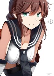  ? bangs bare_shoulders blush braid breasts brown_hair cleavage closed_mouth female gloves green_eyes hair_between_eyes hanging_breasts highres kantai_collection large_breasts leaning_forward lolicept long_hair looking_at_viewer necktie noshiro_(kantai_collection) red_skirt sailor_collar school_uniform serafuku simple_background skirt smile solo spoken_question_mark swept_bangs thighs twin_braids white_background white_gloves 