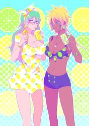  2girls alternate_costume bad_id bad_pixiv_id bikini bikini_shorts bleach blonde_hair blue_eyes bracelet breasts brown_eyes cleavage collarbone cup dark-skinned_female dark_skin dress drinking drinking_straw earrings facial_mark food food-themed_earrings green_hair green_nails hairband ice_cream ice_cream_cone jewelry large_breasts lemon_earrings lemon_print lime_earrings lime_print long_hair looking_at_another looking_at_viewer multiple_girls nail_polish necklace nelliel_tu_odelschwanck popsicle ronisuke short_dress shorts swimsuit tier_harribel yellow_nails 