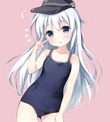  ^^^ alternate_costume anchor_symbol ass_visible_through_thighs bare_arms bare_shoulders black_hat blue_eyes blue_hair blue_one-piece_swimsuit chiyingzai collarbone commentary contrapposto covered_navel cowboy_shot eyebrows female flat_cap flat_chest hat hibiki_(kancolle) kantai_collection long_hair looking_at_viewer one-piece_swimsuit pink_background roman_numeral school_swimsuit simple_background solo standing swimsuit v very_long_hair 