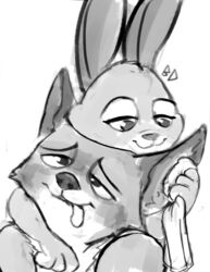  2019 :3 anthro assisted_bathing blep bluedouble canid canine cheek_tuft clothed clothing disney duo facial_tuft female fox greyscale half-closed_eyes hi_res holding_object holding_towel judy_hopps lagomorph leporid looking_pleasured male mammal monochrome narrowed_eyes nick_wilde rabbit red_fox signature simple_background smile tongue tongue_out towel true_fox tuft white_background zootopia 