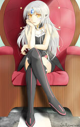  absurdres bare_shoulders black_footwear black_thighhighs boots code:_nemesis_(elsword) commentary_request crossed_legs dated dress elsword eve_(elsword) facial_mark female forehead_jewel head_rest highres long_hair looking_at_viewer parted_lips sa_(sam-ya) sitting solo thigh_boots thighhighs throne white_hair yellow_eyes 