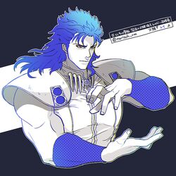  1boy bad_id bad_pixiv_id blue_hair halftone hokuto_no_ken limited_palette male_focus mayuzumi muscular red_eyes rei_(hokuto_no_ken) shoulder_pads solo translation_request twitter_username upper_body wristband 