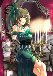  :d asymmetrical_hair blue_eyes bow bracelet breasts candle cleavage commentary_request dress elbow_gloves evening_gown feathers female fishnet_gloves fishnets gloves green_bow green_dress green_eyes green_feathers green_hair hairbow hand_on_lap heterochromia idolmaster idolmaster_cinderella_girls idolmaster_cinderella_girls_starlight_stage indoors jewelry looking_at_viewer medium_breasts mirror mole mole_under_eye necklace off_shoulder open_mouth pretty_liar_(idolmaster) shirakaba_masara short_hair sitting sleeveless sleeveless_dress smile solo takagaki_kaede 