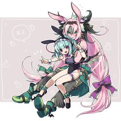  2girls :3 \m/ ^^^ animal_ears animal_print aqua_hair astaroth_(p&amp;d) bare_legs blush boots bracer bridal_garter cauchemar_(p&amp;d) chains colored_skin commentary_request dated earrings green_eyes hair_ribbon highres horns hug hug_from_behind jewelry kozakura_(dictionary) long_hair looking_at_viewer multiple_girls nail_polish open_mouth pink_eyes pink_hair pink_skin playboy_bunny puzzle_&amp;_dragons rabbit_ears rabbit_print rabbit_tail ribbon sitting sitting_on_lap sitting_on_person sweatdrop tail thigh_strap wrist_cuffs 