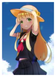  bad_id bad_pixiv_id black_serafuku black_skirt blonde_hair blue_sky day female flower green_eyes hat hat_flower highres kantai_collection kinubari_nerune long_hair looking_at_viewer neckerchief outdoors pleated_skirt red_neckerchief school_uniform serafuku skirt sky smile solo straight_hair straw_hat sunflower yuudachi_(kancolle) 