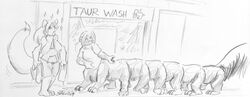  4_arms ambiguous_gender building canid canine cervelet duo english_text fox long_taur mammal mammal_taur mephitid mephitid_taur monochrome multi_arm multi_leg multi_limb skunk skunk_taur sparkles spotted_skunk taross taur tazel text 