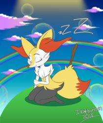  animal_ear_fluff animal_ears artist_name blue_sky braixen bubble closed_eyes closed_mouth cloud creatures_(company) dated day double_rainbow female female fox_ears fox_tail full_body furry game_freak gen_6_pokemon grass hand_up ikaribunbun kneeling nintendo no_humans outdoors paws pokemon pokemon_(creature) signature sitting sky smile solo stick tail zzz 