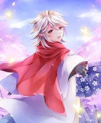  1boy ayame_(norie11) bug butterfly cherry_blossoms commentary_request corrin_(fire_emblem) corrin_(male)_(fire_emblem) corrin_(male)_(new_year)_(fire_emblem) fire_emblem fire_emblem_fates fire_emblem_heroes folding_fan gloves hand_fan holding holding_fan japanese_clothes kimono paper_fan petals pointy_ears red_eyes scarf smile white_hair 