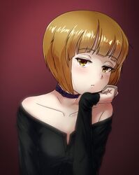  ark-art black_shirt blonde_hair blue_choker blunt_bangs bored bow_choker casual choker closed_mouth collarbone commentary_request cutlass_(girls_und_panzer) female frown girls_und_panzer gradient_background half-closed_eyes head_rest head_tilt light_blush lips long_sleeves looking_at_viewer off-shoulder_shirt off_shoulder red_background shirt short_hair solo unbuttoned unbuttoned_shirt upper_body yellow_eyes 