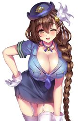  bell blush braid breasts brown_eyes brown_hair choker cleavage collarbone commentary_request female garter_straps gloves hair_ornament hand_on_own_hip highres kanpani_girls large_breasts long_hair looking_at_viewer md5_mismatch mole mole_under_eye neck_bell necktie one_eye_closed open_mouth pencil_skirt police police_uniform policewoman senri_gan shirayuri_sakura simple_background single_braid skirt smile solo thighhighs uniform white_background white_gloves white_thighhighs wrist_flexed 