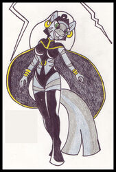  anthro biped black_border border clothed clothing costume crossover equid equine female flying friendship_is_magic green_eyes hair hasbro headgear headwear long_hair mammal marvel my_little_pony reddragonkan sky solo storm storm_(marvel) superhero traditional_media_(artwork) zebra zecora_(mlp) 